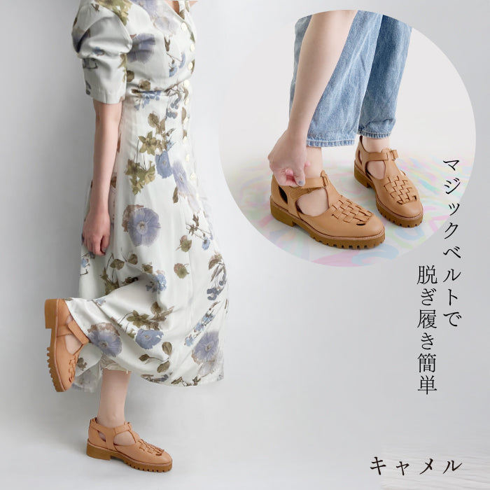 BEAUTYCREW CASUAL レザーメッシュTストラップシューズ 020-0001